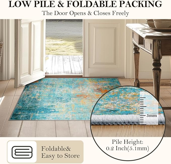 RELEANY Washable Area Rugs 5'x7' Non-Slip Modern Abstract Soft for Living Room Entryway Bedroom Kitchen, Print Pattern, Teal Blue Green Orange Rust Red Coloreful