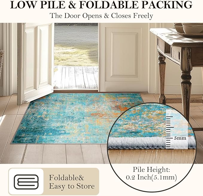 RELEANY Washable Area Rugs 7'x9' Non-Slip Modern Abstract Soft for Living Room Entryway Bedroom Kitchen, Print Pattern, Teal Blue Green Orange Rust Red Coloreful