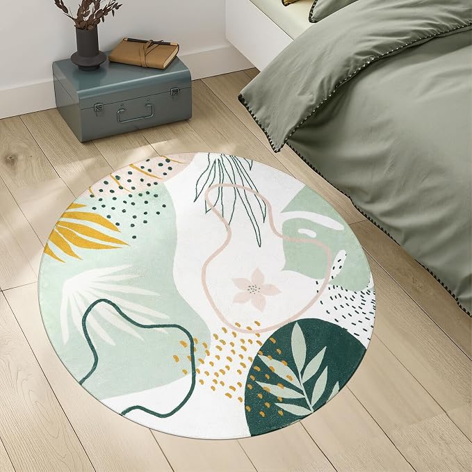 Lahome Boho Round Area Rug - 3Ft Washable Bathroom Rug Non-Slip Small Circle Rug for Bedroom Throw Soft Cute Kids Nursery Rug, Green Botanical Print Carpet for Entryway Sofa Living Room