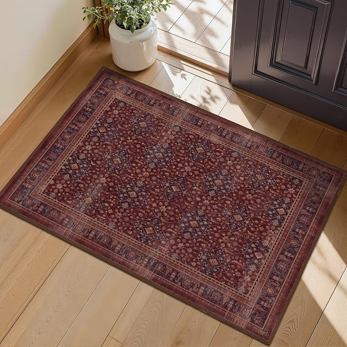 Amber Red 2x3 Kitchen Rugs Non Slip Washable, Luxurious Boho Floral Trellis Purple Accents Thin Door Mat Indoor Entrance, Earth Tone Moody Vintage Distressed Small Rugs for Entryway Bathroom