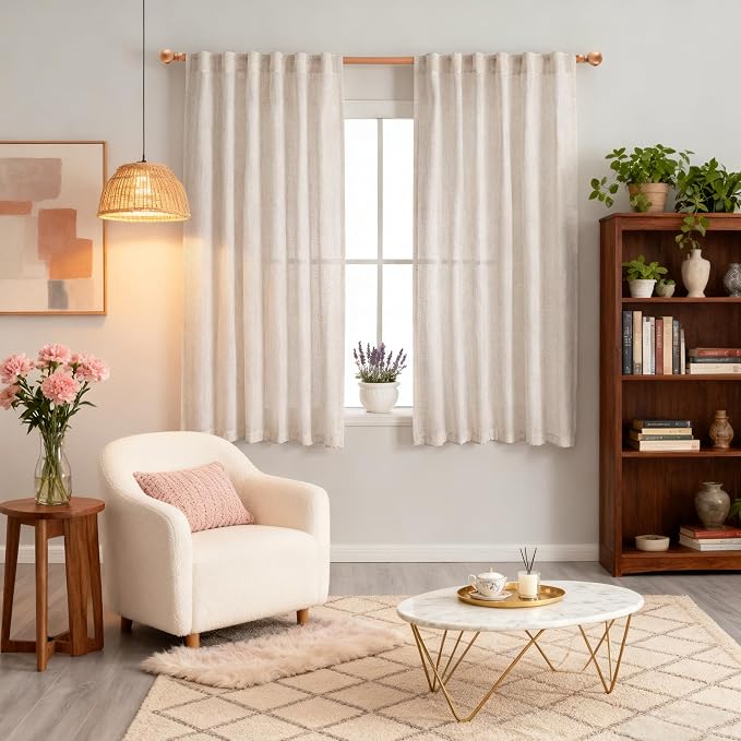 MYSKY HOME Natural Linen Sheer Curtains 63 Inch Length for Bedroom, Window Curtain Panels Light Filtering Privacy Drapes Set, Boho Farmhouse Style Texture Soft Touch, 50" x 63", Linen, 2 Panels