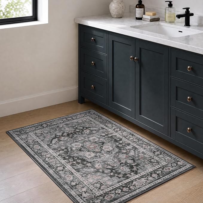 AMOAMI-2X3 Small Rug-Washable Rugs Entryway Mat Indoor-Soft Vintage Non Slip Rugs for Kitchen Laundry Room Bathroom Dark Grey & Black Decorative Accent Rug for in Front of Sink 24 Inch x36 Inch