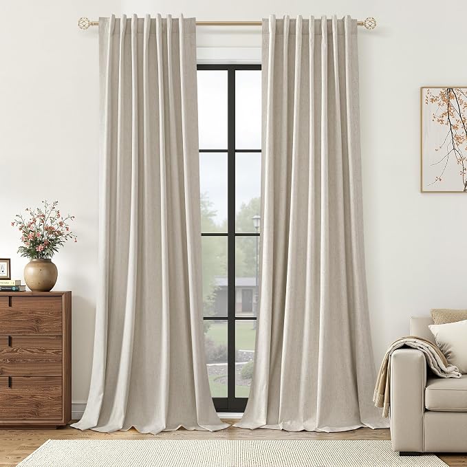 Guken 100% Blackout Linen Curtains for Bedroom 90 inches Long, Thermal Insulated Room Darkening Black Out Drapes for Living Room, Back Tab Rod Pocket 2 Panels Set,Grey Beige,52x90