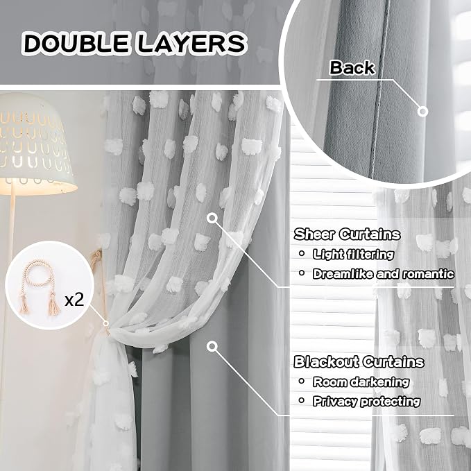 MYSKY HOME Grey Blackout Curtains for Kids Room Boys Bedroom 84 Inch Long Double Layer Curtain with White Pom Pom Sheer for Dining Room Back Tab Room Darkening Window Drapes 2 Panels, 52 x 84 in