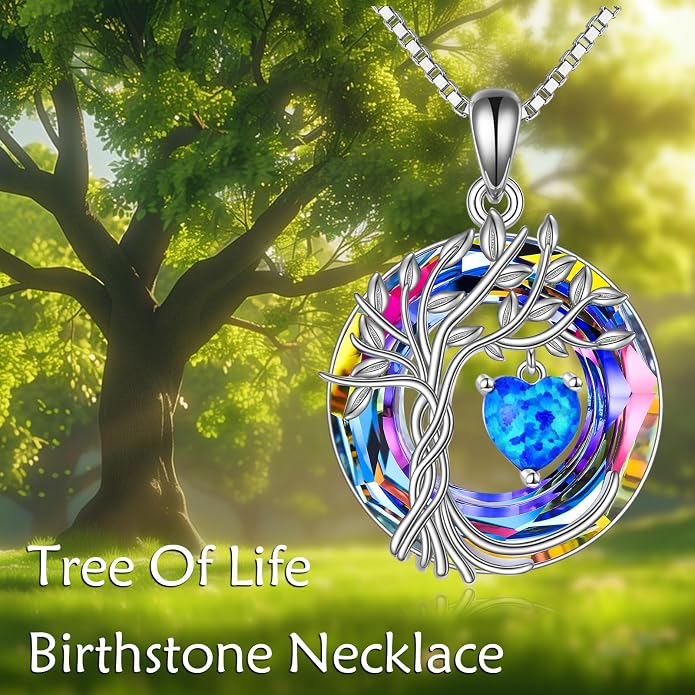 POPLYKE Mothers Day Gifts for Mom Her Wife Tree of Life Necklace 925 Sterling Silver Birthstone Pendant with Crystal Anniversary Birthday Wedding Jewelry for Women
