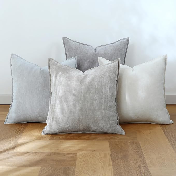 Stellhome Set of 4 Neutral Decorative Throw Pillow Covers Accent Solid Soft Textured Chenille Cushion Cover Rustic Farmhouse Pillow Case for Couch Sofa Bedroom Living Room (16x16 inch, Neutral)