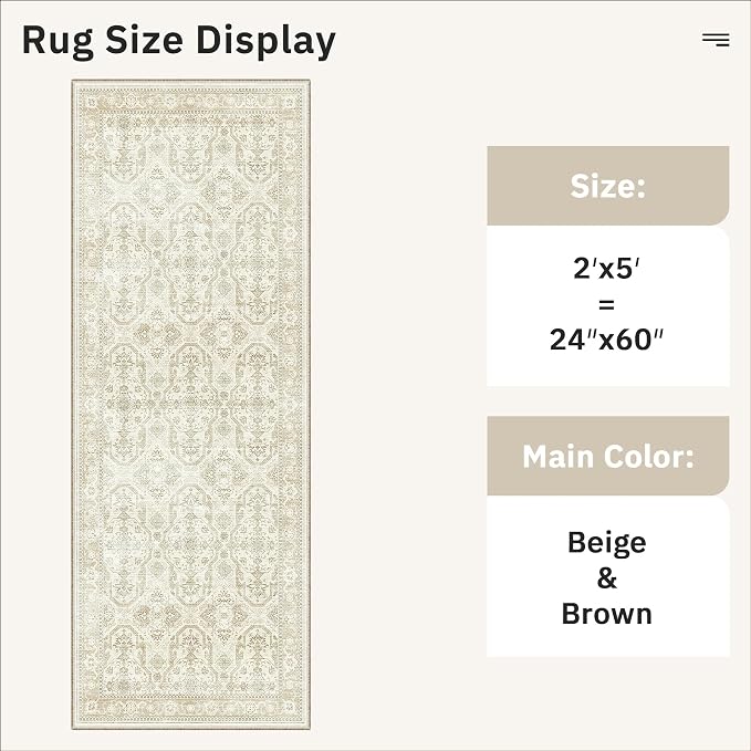 Soalmost Runner Rug 2x5 Washable Non-Slip Kitchen Runner Rugs for Bathroom Laundry Room Beige/Brown Vintage Floor Carpet Runners for Hallway Entryway