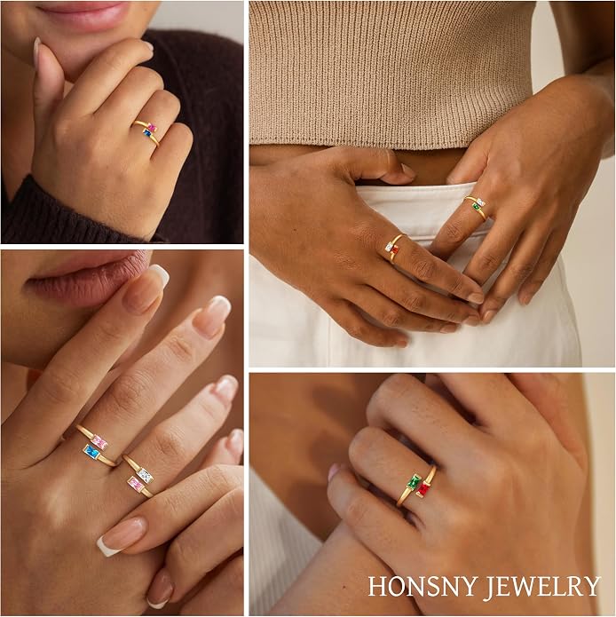 Honsny Gold Birthstone Rings for Women Non Tarnish 14K Gold Plated Adjustable Emerald Ring Cubic Zirconia Gemstone Promise Ring for Her Engagement Personalized Waterproof Jewelry Gifts for Birthday
