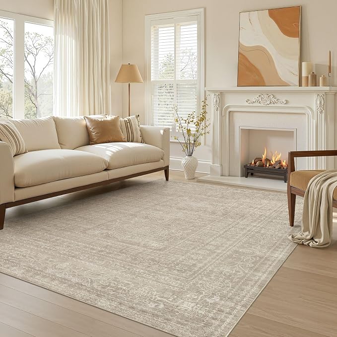 Nakagishi 6x9 Area Rugs Living Room: Washable Large Vintage Rug Neutral Non-Slip Soft Stain Resistant Indoor Carpet for Bedroom Nursery Dining Room Office Playroom - Brown