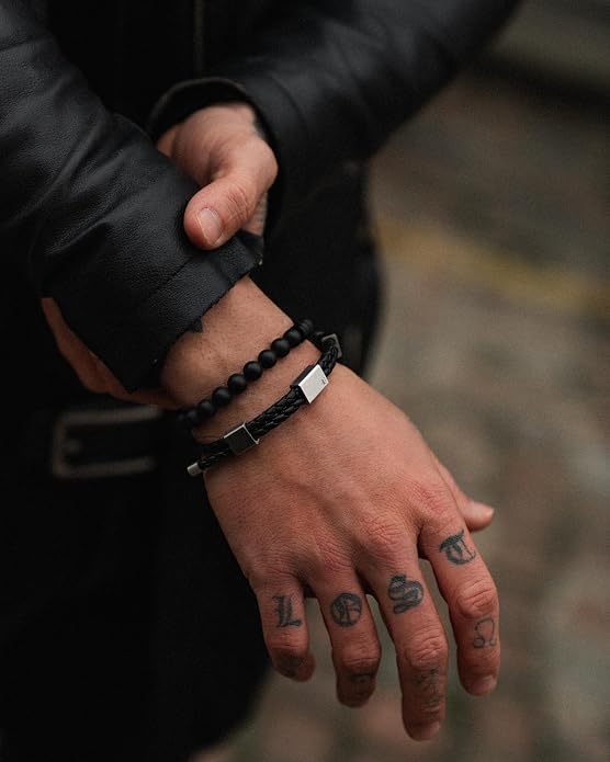 Forge & Foundry Men’s Matte Black Solid Onyx Beaded Bracelet | 10mm, 8mm, 6mm Bead Size Options | Signature Stainless Steel Engraved Bead | Andalus