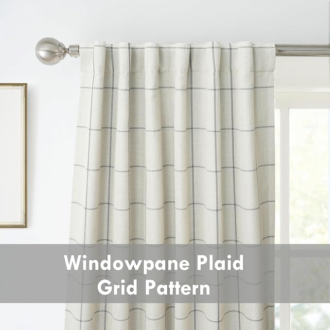 DriftAway 100% Blackout Plaid Linen Curtains 96 Inches Long 2 Panels Gray | 100% Blackout, Linen Texture, Plaid Pattern, Two Layers, Rod Pocket & Back Tab, Bedroom Living Room Use, Luxury Appearance