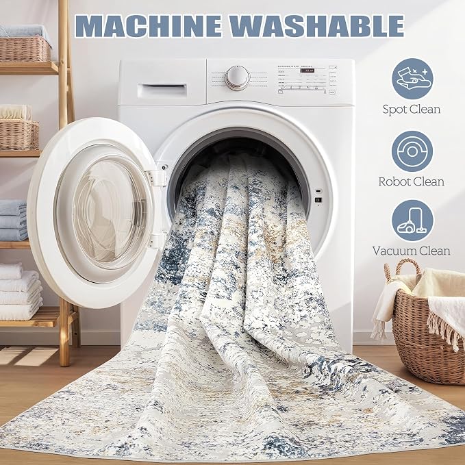 DMOYEST 2x3 Entryway Area Rug: Washable Neutral Modern Abstract Small Rug - Non-Slip Low Pile Throw Indoor Carpet for Entrance Kitchen Front Door Mat Bathroom Entry Kids Room - Beige Blue