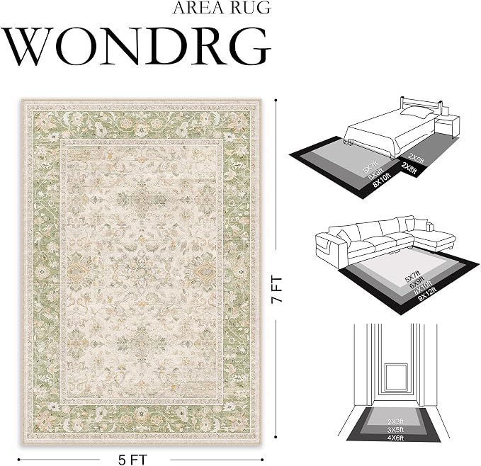 2x3 Sage Green Washable Area Rug Non Slip Vintage Doormat | Soft Low Pile, Lightweight Foldable, Pet Friendly, Entryway, Entrance, Kitchen, Bathroom, Laundry Room