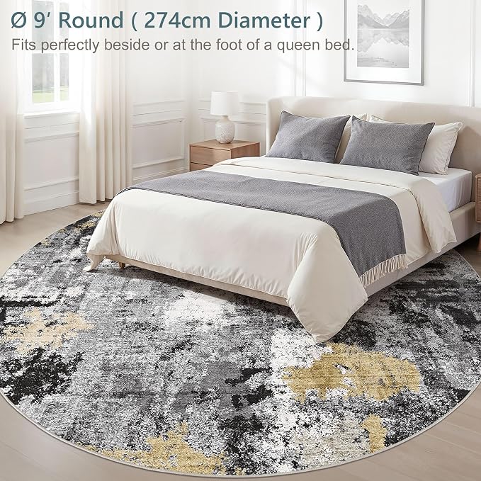 Abstract 9FT Round Rug: Machine Washable Non Slip Ultra Thin Low-Pile Carpet, Soft Stain Resistant for Living Dining Room Bedroom, Kid Pet Friendly, Robot Vacuum Compatible - Black Gold