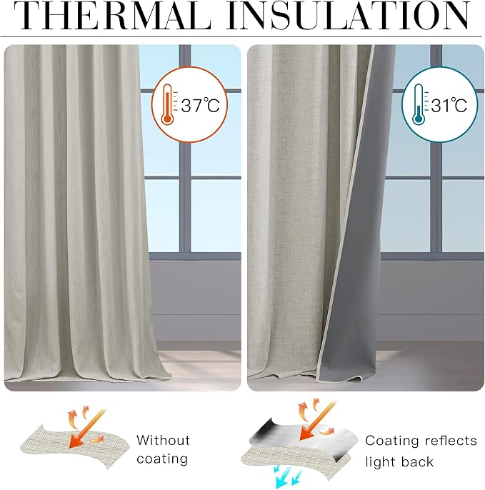 RYB HOME Cream 100% Blackout Linen Curtains 78 inch Long, Thermal Insulated & Privacy Assurd Home Decor Drapes for Bedroom/Office/Nursery, Rod Pocket & Back Tab Window Treatment, W52 X L78, 2 Panels