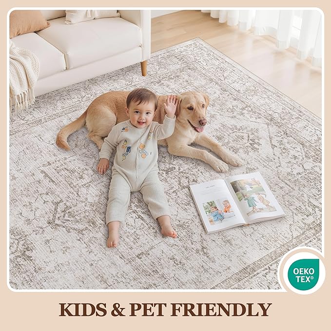 8x10 Area Rugs for Living Room:Beige Washable Vintage Medallion Carpet Non-Slip Soft Low Pile Large Rugs Indoor Retro Rug for Bedroom Nursery Dining Table Office Home(Beige Brown, 8'x10')