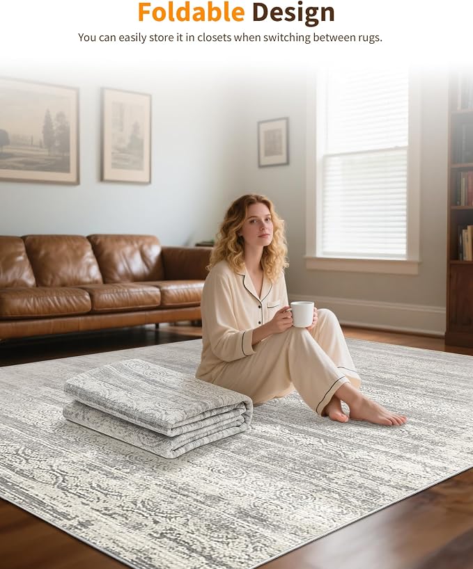 Washable Rugs 8x10 for Living Room - Stain Resistant Non-Shedding Modern Abstract Area Rug, Soft Thin Indoor No Slip Carpet for Bedroom, Dining Table, Home Office - Charcoal Grey (8'x10')