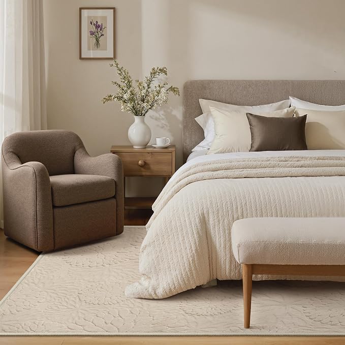 GENIMO Soft Washable Area Rugs 5x7, 3D Modern Floral Rugs for Living Room, High-Low Pile Textured Non Slip Fuzzy Shag Carpet, Non-Shedding Stain Resistant Thin Beige Rugs for Bedroom, Dining Room