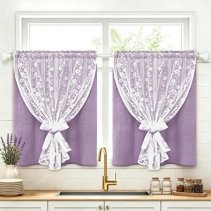 ASPMIZ Linen Kitchen Curtains Double Layer Kitchen Window Curtains Over Sink 36 Inch Length Purple Tier Curtain Light Filtering, Rod Pocket Cafe Curtain Short Window Treatments with 2 Tiebacks, 26x36