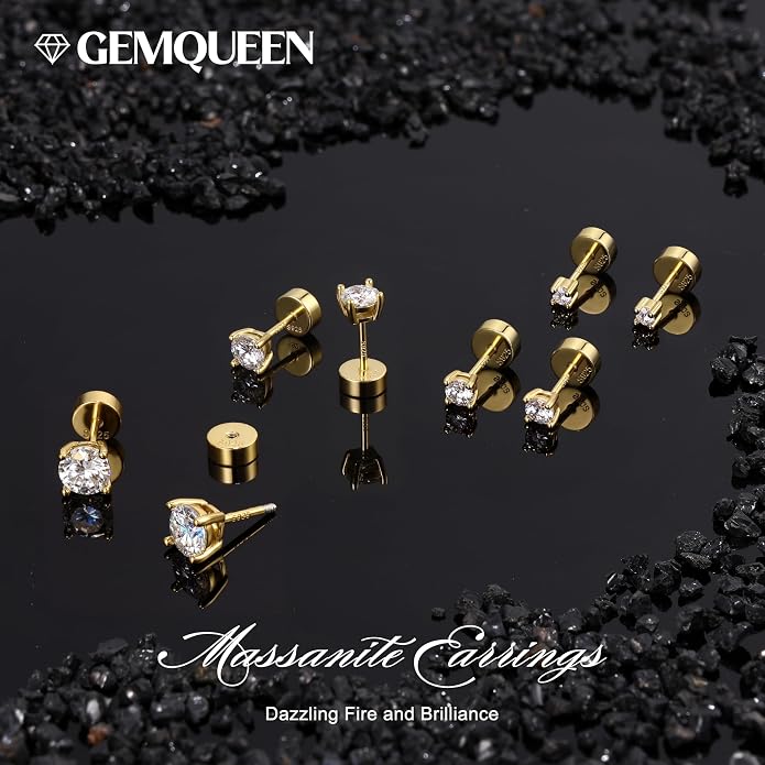 GEMQUEEN 3/4 Pairs Moissanite Earrings Studs 14K Gold Plated S925 Sterling Silver Flat Back Earring for Women Men - Hypoallergenic Set Cartilage Helix Piercing Jewelry Trendy D Color VVS1