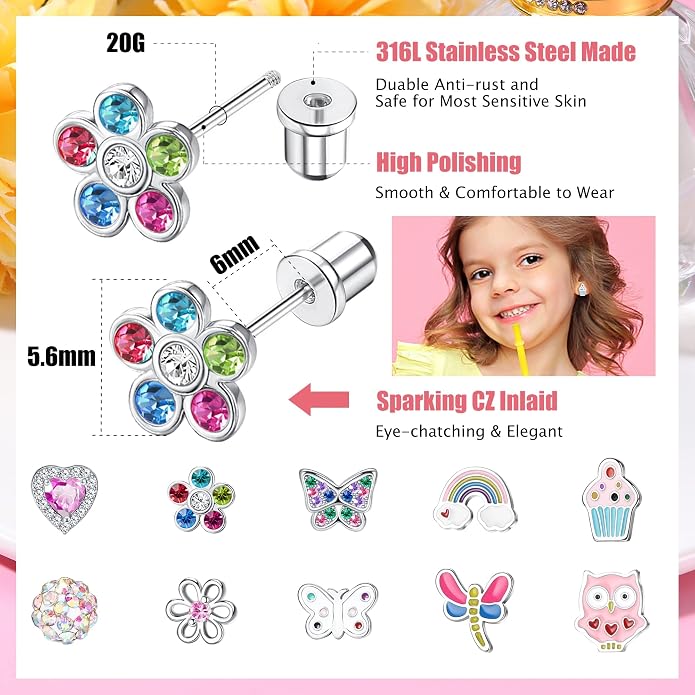FASACCO 10Pairs Hypoallergenic Screw Back Earrings for Women Girls Stainless Steel CZ Heart Butterfly Ball Stud Earrings Multicolored Cat Rainbow Screwback Stud Earrings Set Over 3 Years Old