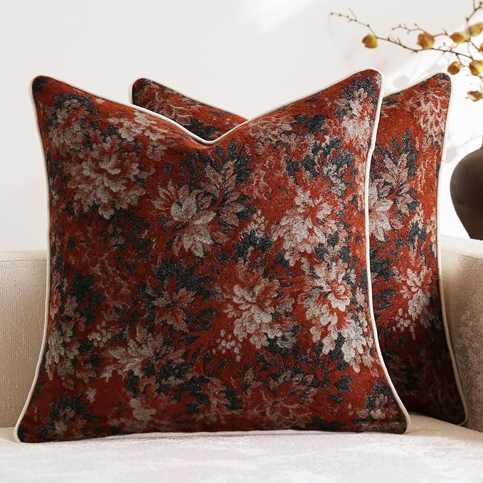 DEZENE Pack of 2 Vintage Floral Throw Pillow Covers 20x20 Boho Farmhouse Accents Chenille Square Decorative Pillow Cases for Living Room Couch Bed Home Decor, Rust