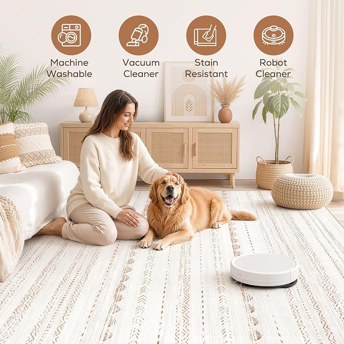 Nakagishi 10x13 Area Rugs Living Room: Washable Boho Large Neutral Soft Farmhouse Rug Stain Resistant Modern Moroccan Non-Slip Indoor Floor Carpet for Bedroom Nursery Kids Playroom Office- Brown