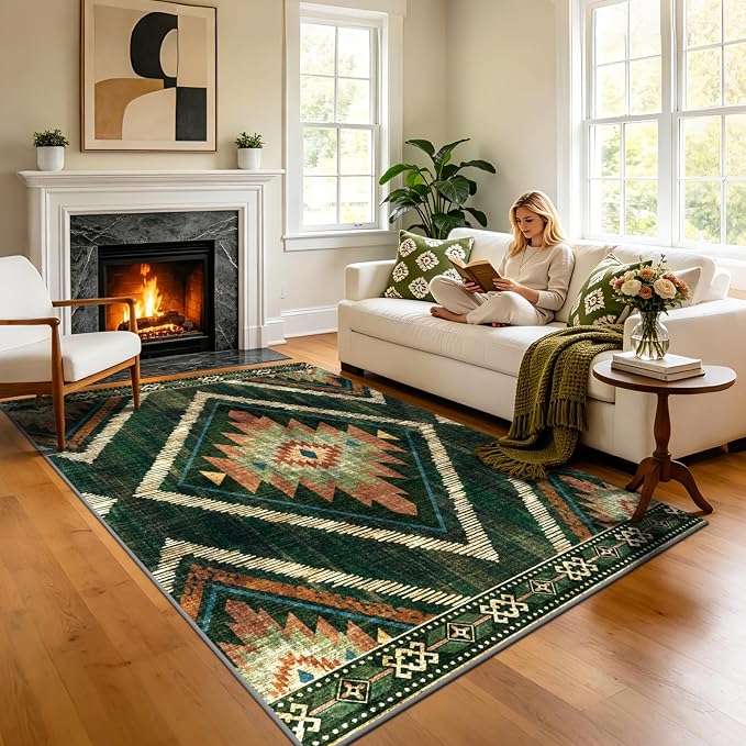 4x6Ft Boho Area Rugs Non Slip, Green Washable Rug for Living Room, Soft Bedroom Carpet, Low Pile Moroccan Entryway Area Floor Carpets for Dining Room Kids Nursery Farmhouse
