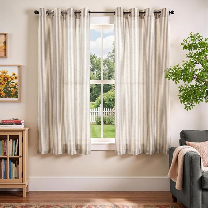 Vangao Linen Striped Curtains for Living Room Bedroom Farmhouse Tickingstripe Light Filtering Window Curtains Printed Drapes Grommet Top 2 Panels Taupe Grey W50 x L63 Inch