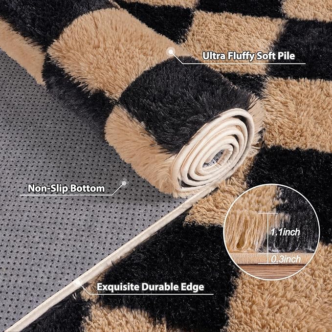 Pionblank 9x12 Area Rug, Large Fluffy Checkered Rugs for Living Room, Shag Rug for Bedroom, Soft Non Slip Shag Carpet for Kids Room Nursery Home Decor, Black and Beige