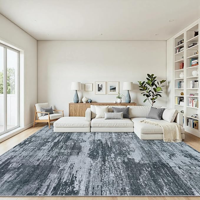 8x10 Area Rugs Living Room Rug Modern Abstract Neutral Washable Rugs Non Slip Soft Carpet Large Area Rug Low Pile Stain Resistant Non Shedding for Bedroom Nursery Dining Room Home Office Black