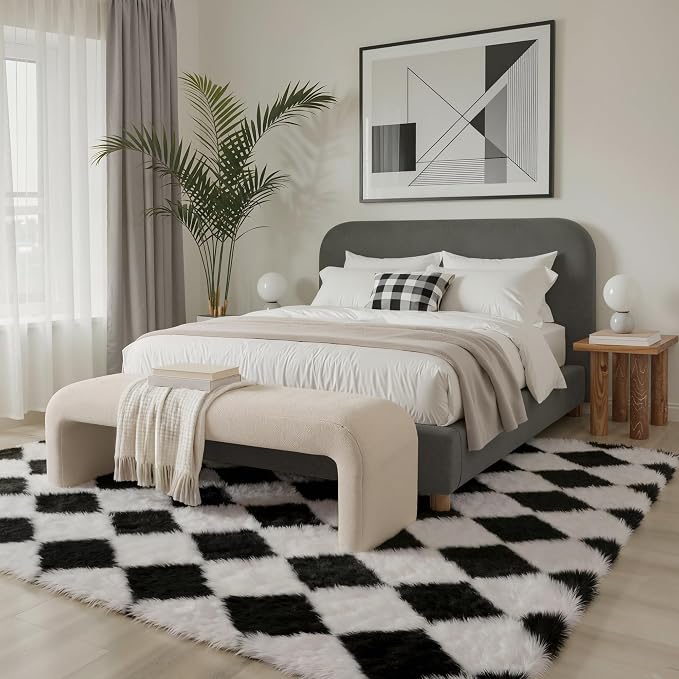 GENIMO Checkered Rug 5x7 Area Rugs for Kids Bedroom Soft Shag Rug Fluffy Fuzzy Carpet Plush Rugs for Living Room Nursery Playroom Dorm Modern Home Decor Aesthetic, Black and White