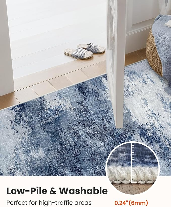 Runner Rugs for Hallway 2x5, Modern Abstract Machine Washable Runners for Kitchen Entryway Bathroom, Low Pile Lightweight Thin Non Slip Runner Rug, Dark Blue