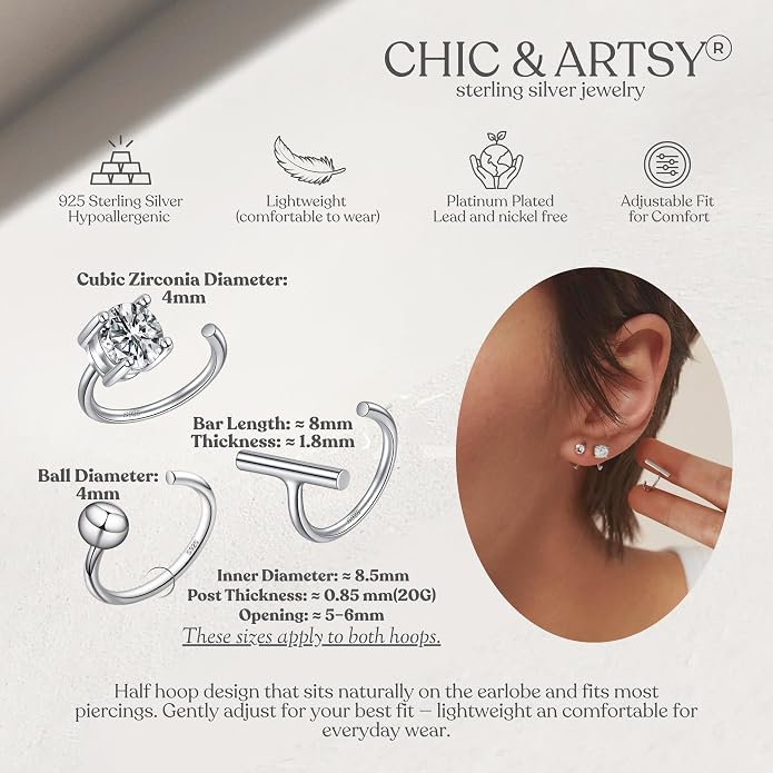 CHIC & ARTSY 925 Sterling Silver Half Hoop Earrings for Women, Small Huggie Hoops Set with Ball Bar Star Moon Cross & Pearl, Lightweight Comfort Fit Everyday & Sleep Earrings