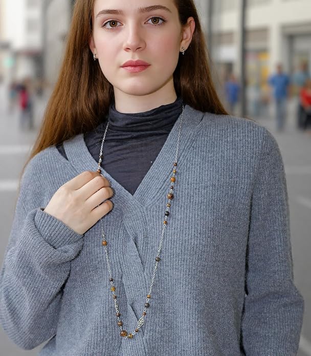 Long Beaded Silver Necklaces for Women Layered Long Statement Necklace with Stone Pearl Beads Double Sweater Chain Costume Jewelry for Women