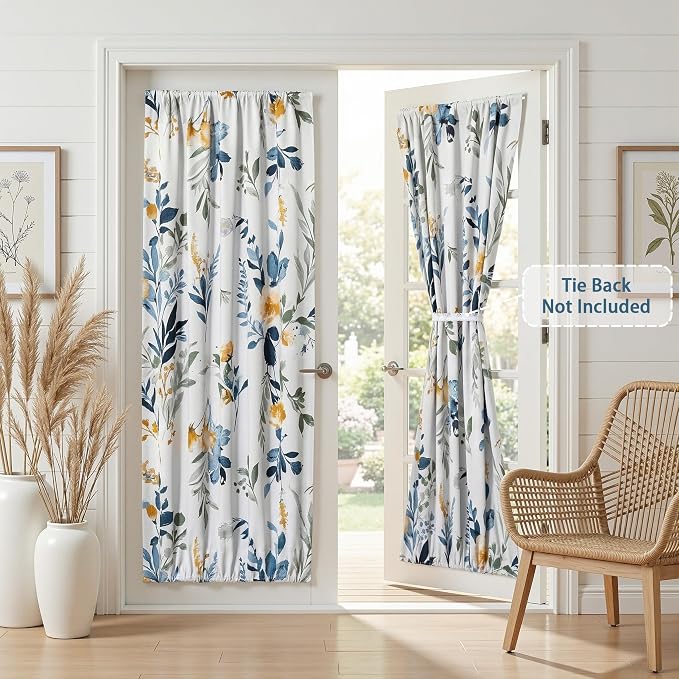 MYSKY HOME Floral French Door Curtains 72 inch Long 2 Panels - Blackout Privacy Sidelight Door Window Drapes with Rod Pocket, Yellow and Blue, 24" W Each Panel