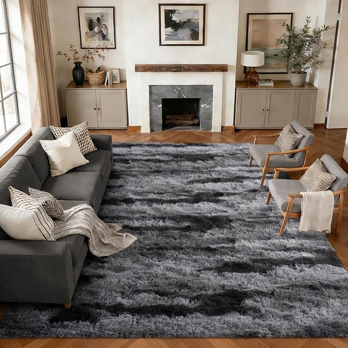 9x12 Extra Large Area Rugs for Living Room, Shaggy Non-Slip Tie-Dyed Rugs for Bedroom Kids Playroom Dorm Room, High Pile Ultra Soft Carpet, Black
