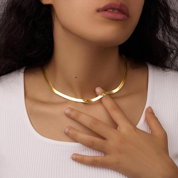WomenGifts 14K Gold Silver Plated Herringbone Necklace for Women, Dainty Snake Chain Choker, Trendy Simple Long Layered Jewelry Non Tarnish, 3/4/5/8mm,14,16,18,20,22,24,26 Inch Thin & Chunky Options