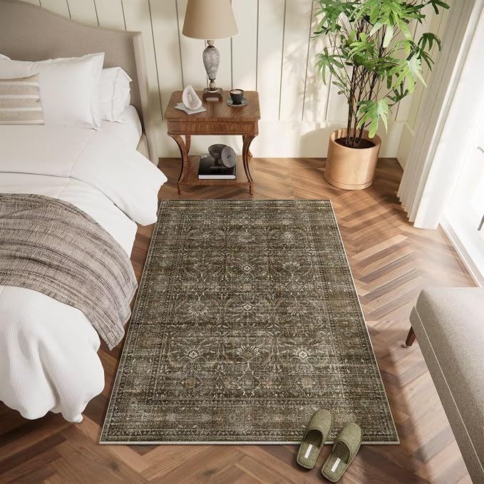 Washable 3x5 Entryway Rug, Boho Vintage Non-Slip Door Mat, Red/Brown | 0.3" Neutral Throw Small Rugs for Bedroom Kitchen Nursery Entrance, Cushioned for High-traffic Area