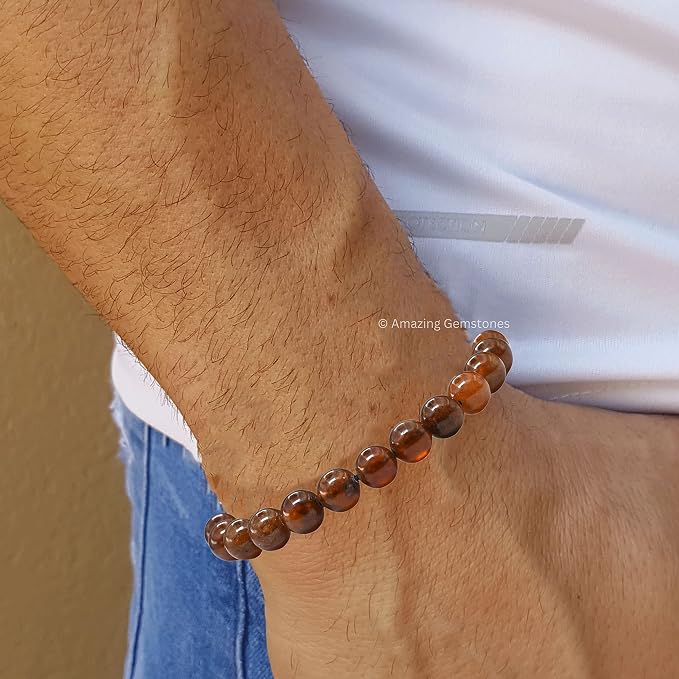 Amazing Gemstone Hessonite Garnet Bracelet, Gifts for Men & Women - Protection Healing Crystal Bracelet - 8mm Gemstone Beaded Adjustable Bracelet, Pulseras para Hombres Mujer Stocking Stuffers
