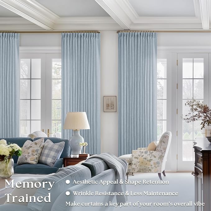 Blue Grey 90 Inch Linen Curtains Pinch Pleated for Living Room Bedroom Dining Boho Coastal Light Filtering Pinch Pleat Drapes Hooks Rings Back Tab Semi Sheer Dusty Blue Window Curtains 2 Panels