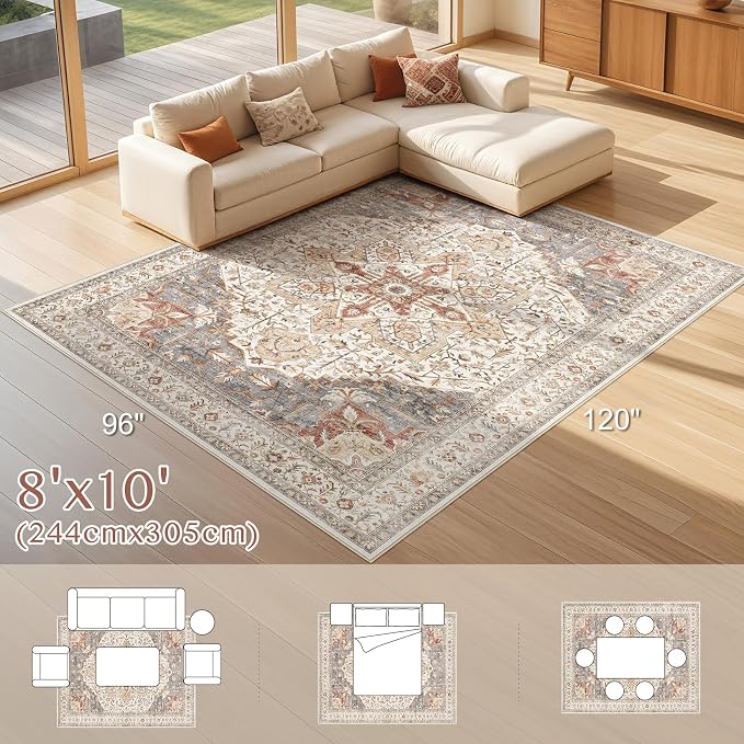 Tortania Area Rug Living Room Rugs - 8x10 Washable Boho Rug Vintage Oriental Distressed Farmhouse Large Thin Indoor Carpet for Living Room Bedroom Under Dining Table Home Office - Orange Multi