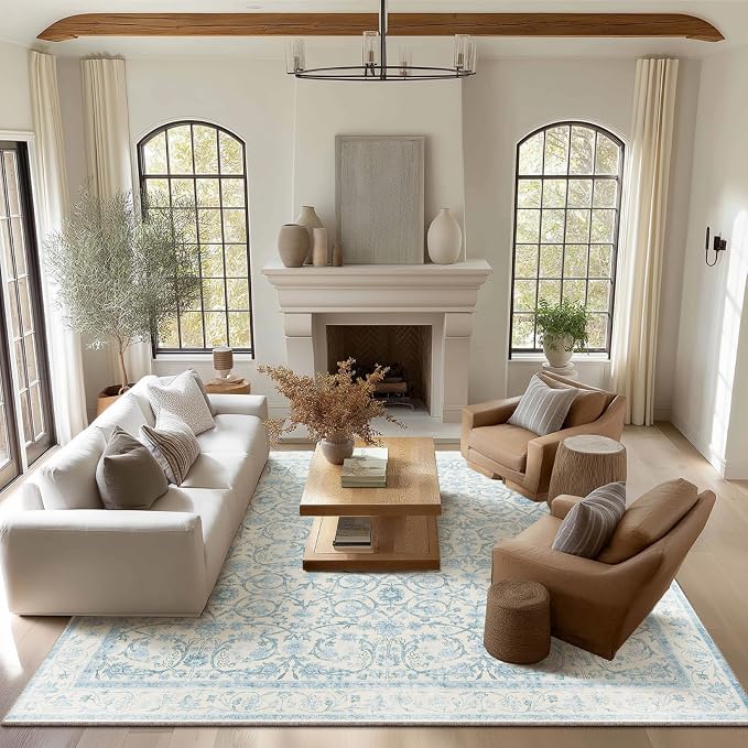 Washable Rugs for Living Room: 10x14 Area Rugs for Bedroom Ultra Soft Non-Slip Low Pile Vintage Boho Large Carpet for High-Traffic Dining Room - Farmhouse Decor