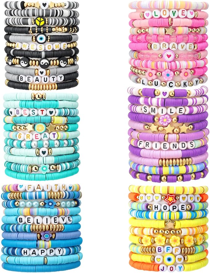 Landical 64 Pcs Preppy Jewelry Bracelets for Women Colorful Vinyl Bead Clay Party Favor Packs Bulk Beaded Bracelet Accessories Jewelry for Boho Summer Beach Goody Bag Fillers Party Supplies
