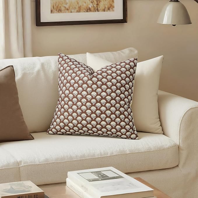 MIULEE Set of 2 Decorative Floral Throw Pillow Covers Neutral Vintage Fall Block Print Boho Farmhouse Cushion Covers for Modern Spring Home Decor Couch Sofa Bed Living Room, 18x18 Inch, Dark Brown