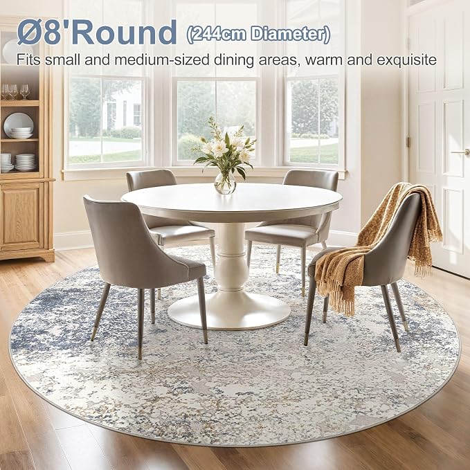 8ft Round Area Rug Living Room Rugs - 8x8 Washable Large Soft Indoor Neutral Modern Abstract Low Pile Rug Carpet for Bedroom Dining Room Farmhouse Home Office - Beige Blue