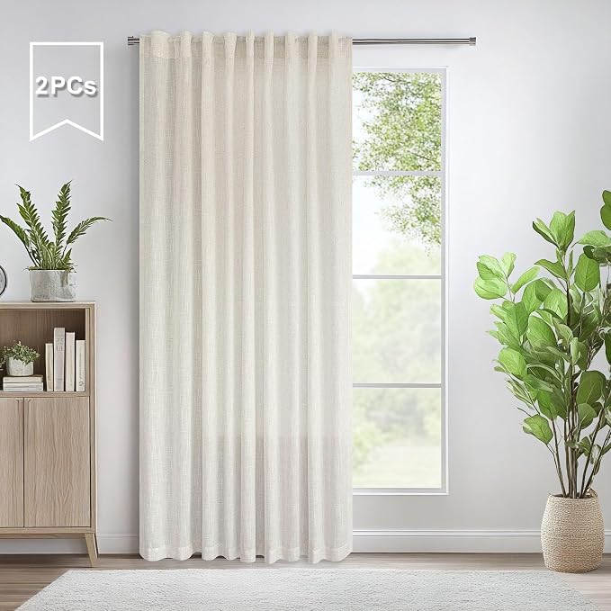 Pitalk 90 Inch Curtains 2 Panels Set Cream Ivory Curtain 72 in Wide Back Tab Loop Pocket Energy Efficient Semi Privacy Sheer Linen Drapes for Dining Room Living Bedroom Home Office Farm W 72 x L 90