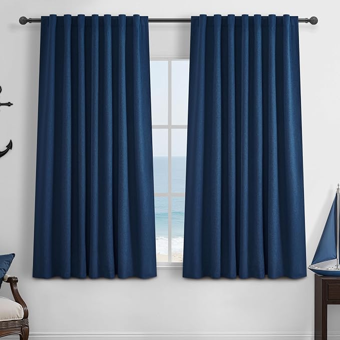 Navy Blue 100% Blackout Curtains 45 Inches Long 2 Panels Set, Kids/Boys Rooms Short Linen Drapes for 46 Inch Small Window Kitchen Bathroom Thermal Insulated Textured Hook Belt(W50"xL45" Dark Blue)