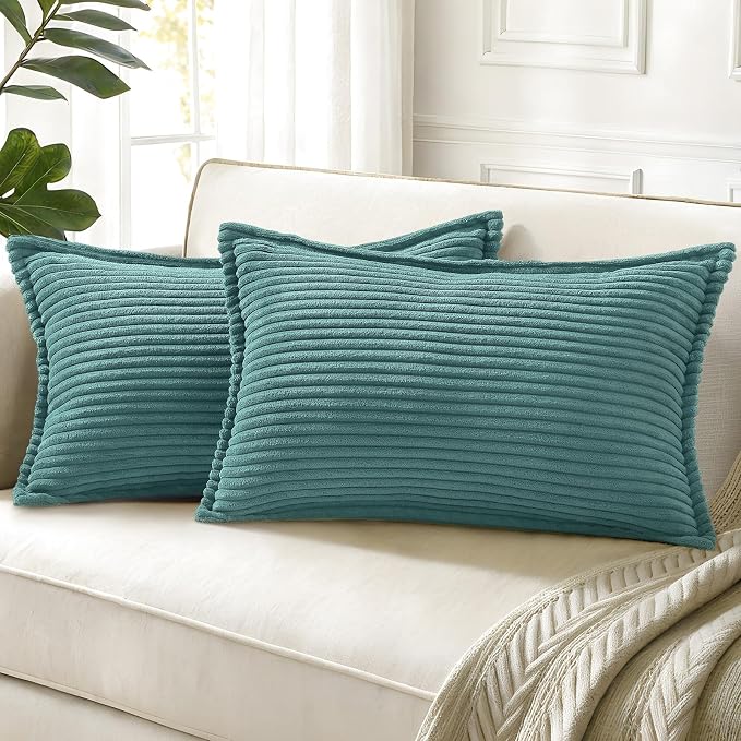 decorUhome Fall Corduroy Turquoise Throw Pillow Covers 12x20 Set of 2 | Lumbar Couch Decorative Soft Modern Boho Farmhouse Pillow Covers Broadside Striped Pillow Cases for Living Room Bed Sofa