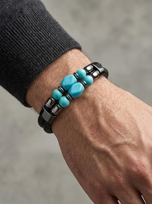 Black Braided Leather Bracelet for Men with Turquoise, Lapis Lazuli, Tiger Eye, Obsidian Stone Double-Row Wristband Beads with Stainless Steel Clasp Fashion Jewelry Gift for Him
